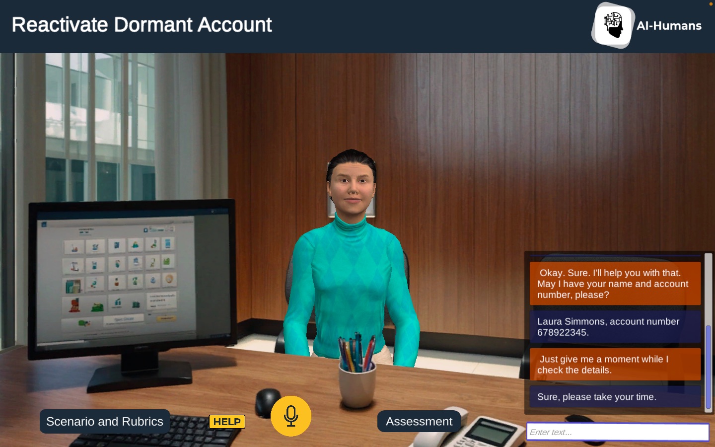 Training with AI-Humans to practice helping a client reactivate dormant account
