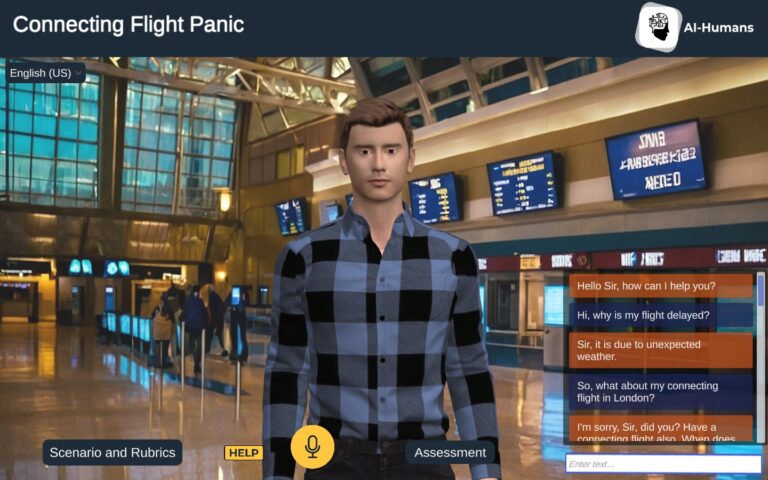 Immersive AI training for resolving connecting flight panic in a virtual environment